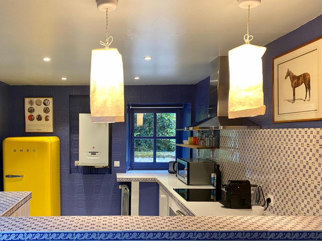 La cuisine équipée du Gîte, avec son réfrigérateur jaune et ses suspensions