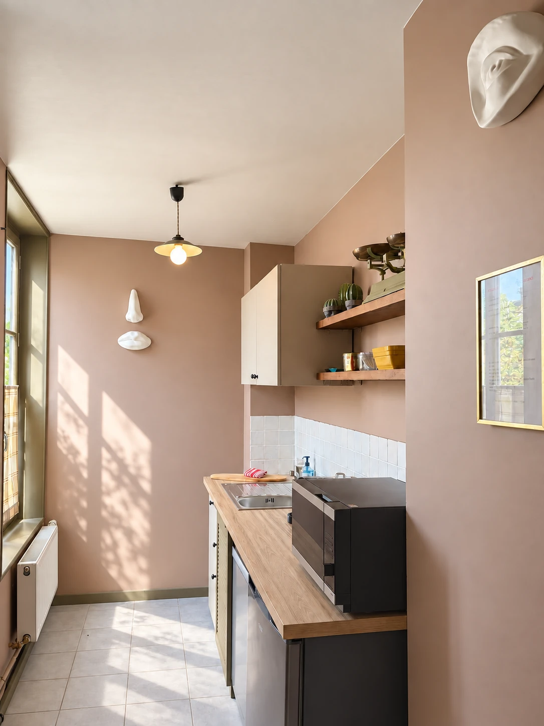 La kitchenette de l’appartement et ses étagères